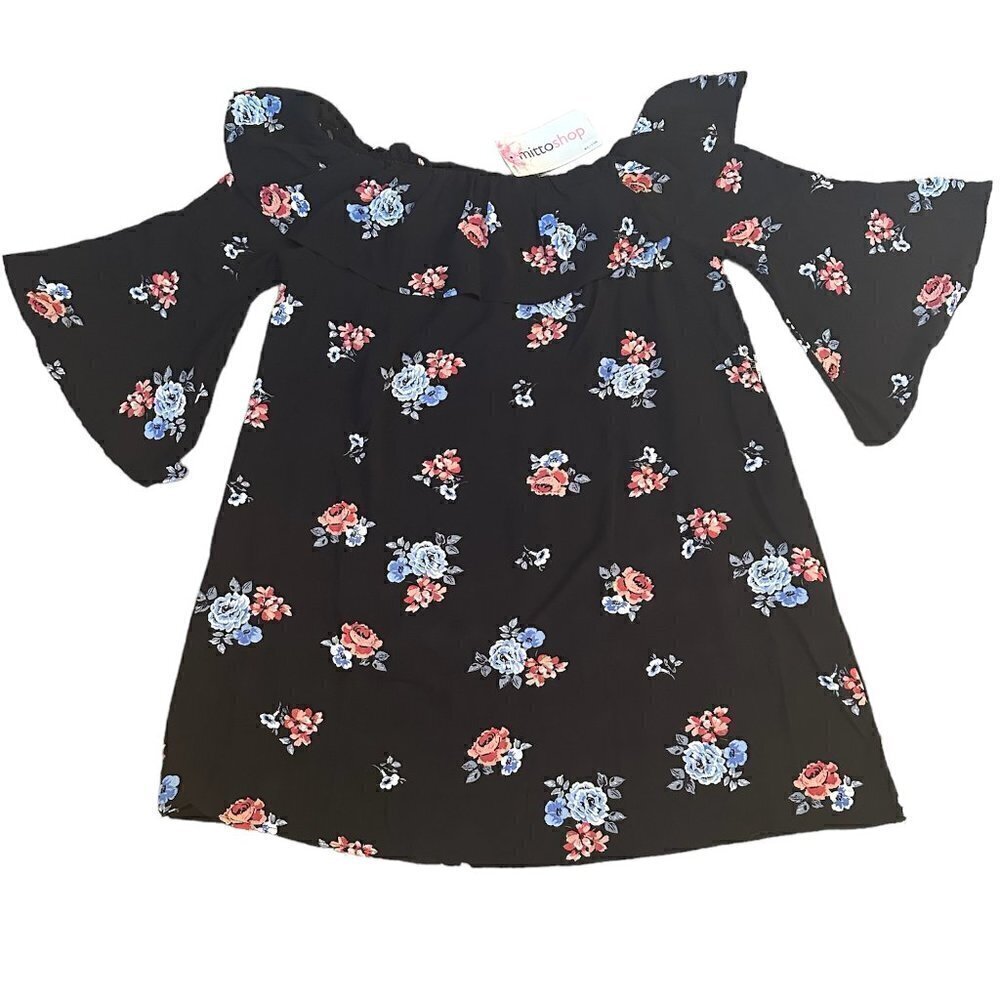 NWT Mittoshop Sz Large Loose A-Line Off Shoulder Floral Print Black Mini Dress